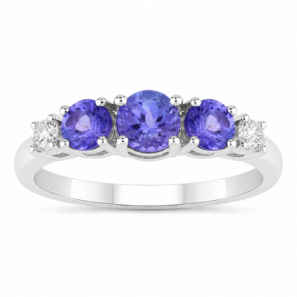 1.15 Ct Round Violet Tanzanite and Lab Diamond Prong Silver 5 Stone Ring