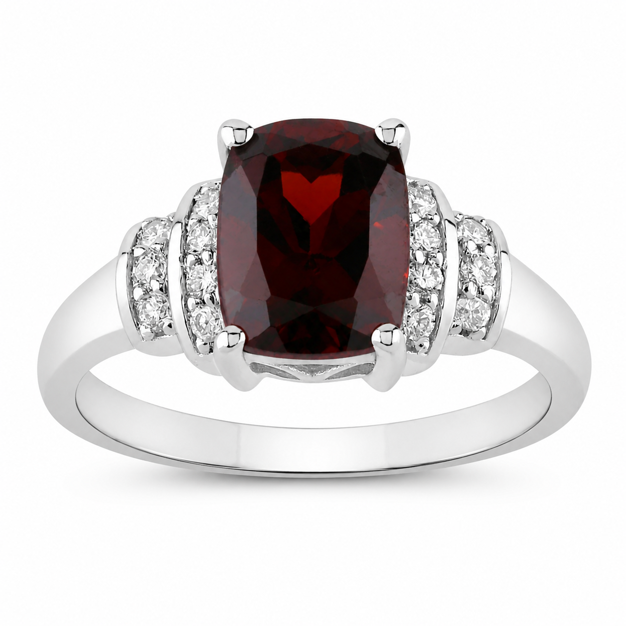 2.58 Ct Cushion Red Mozambique Garnet and Lab Diamond Prong Silver Bridge Ring