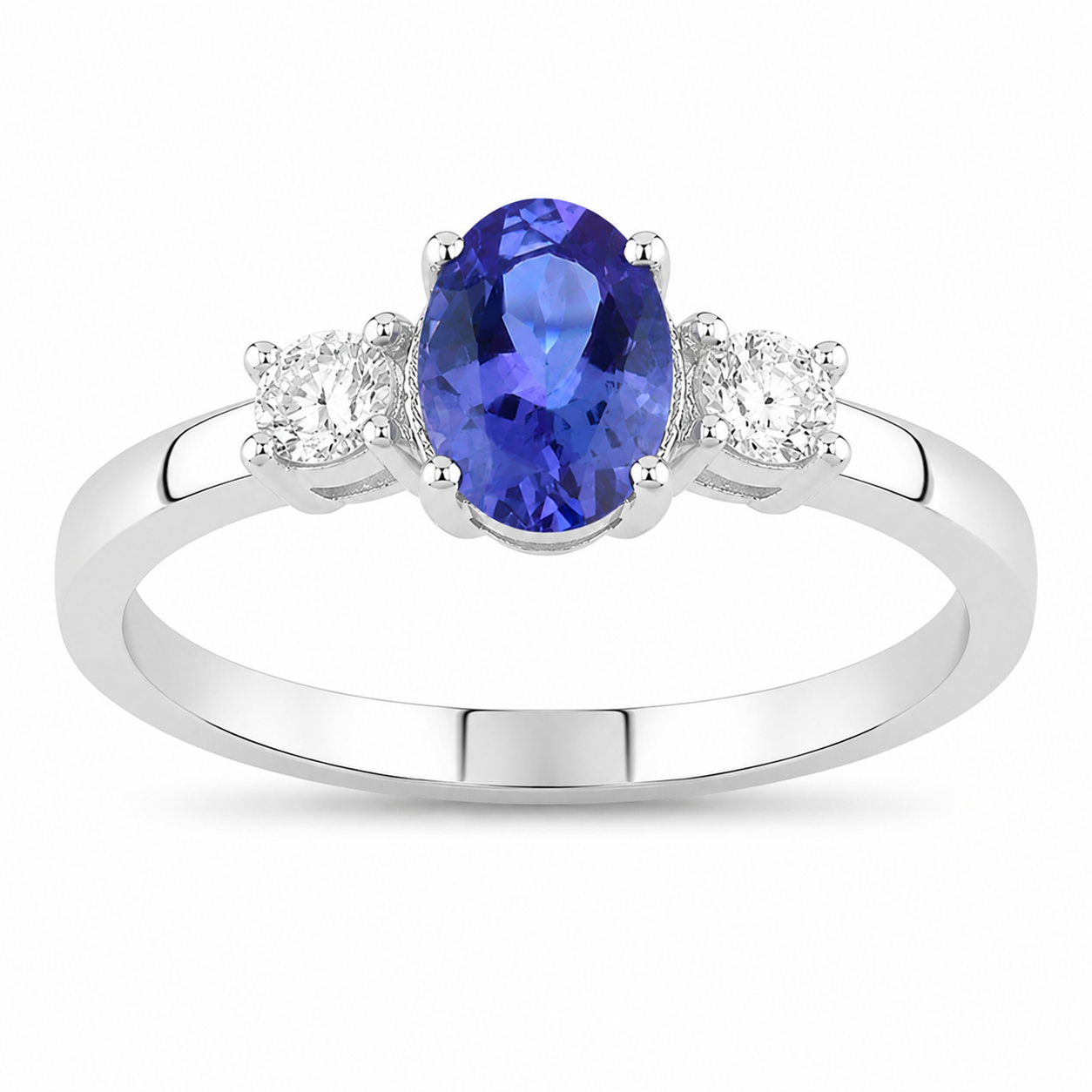 0.95 Ct Oval Violet Tanzanite and Lab Diamond Prong Silver Three Stone Ring