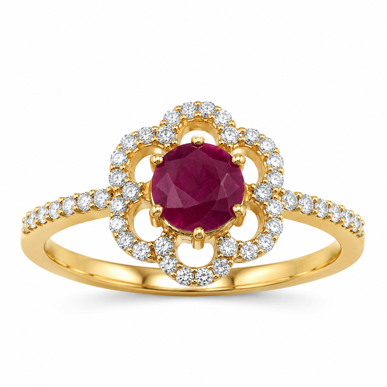 0.68 Ct Round Cut Pink Ruby and White Diamond Prong 14K Yellow Gold Halo Floral Ring