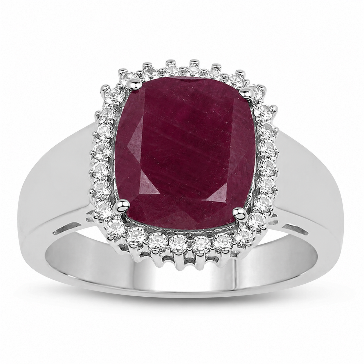 5.28 Ct Cushion Cut Pink Ruby and White Topaz Prong Silver Halo Ring
