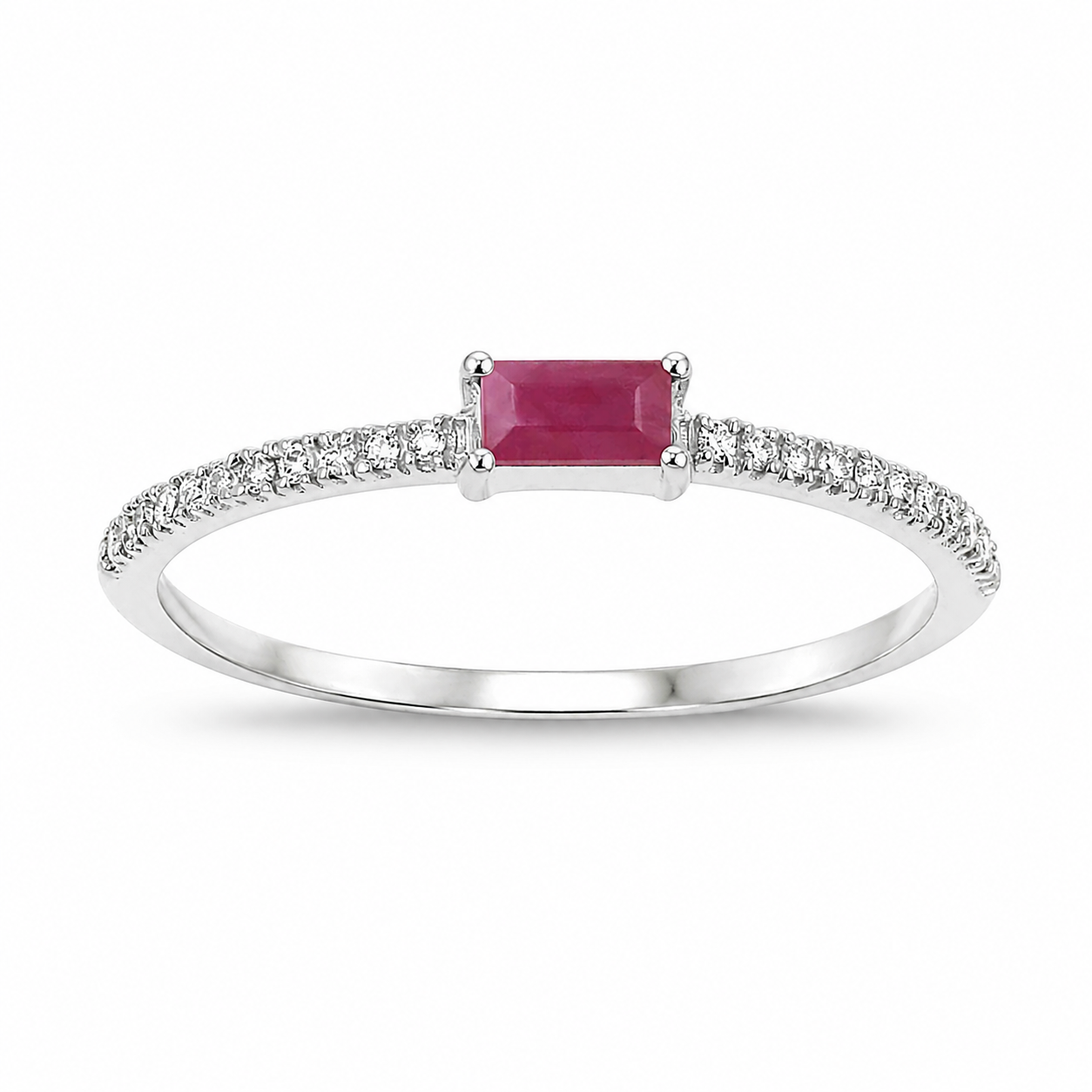 0.22 Ct Baguette Cut Pink Ruby and White Diamond Prong 14K White Gold Bridge Stackable Pave Ring