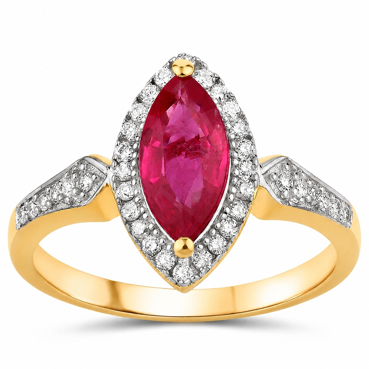 1.14 Ct Marquise Cut Pink Ruby and White Diamond Prong 14K Yellow Gold Halo Pave Ring