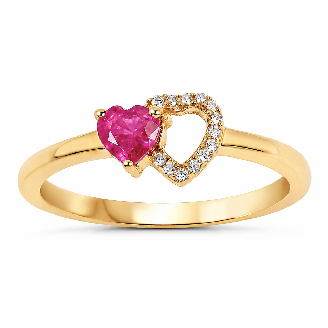 0.31 Ct Pink Ruby and White Diamond Prong 10K Yellow Gold Double Heart Ring