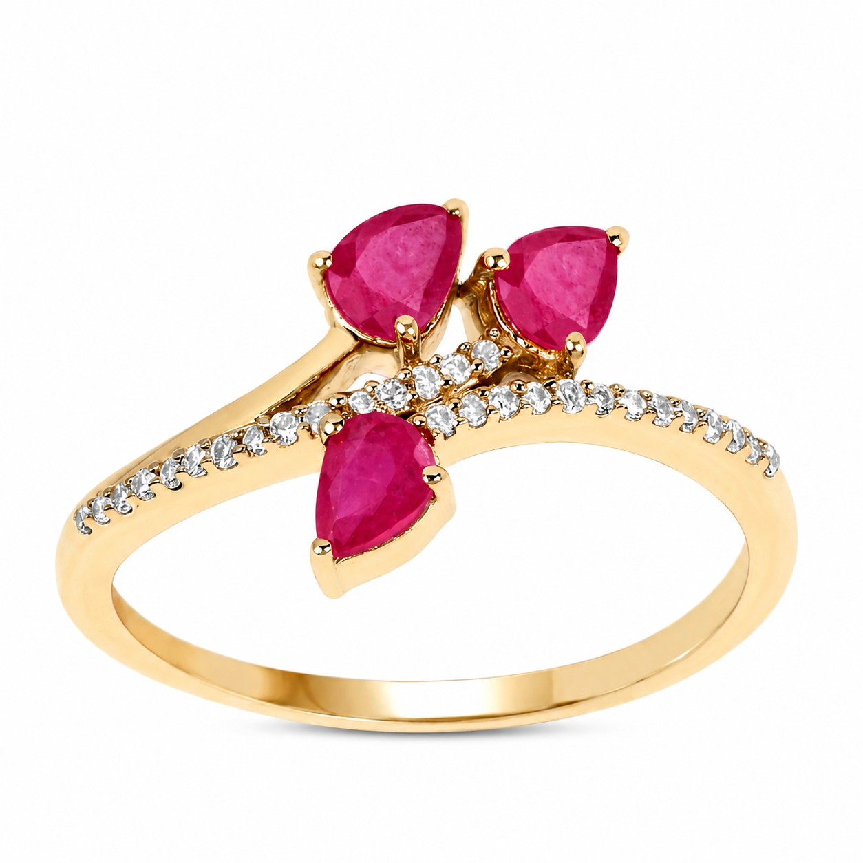 0.68 Ct Pear Shaped Pink Ruby and White Diamond Prong 14K Yellow Gold Bypass Toi et Moi Ring