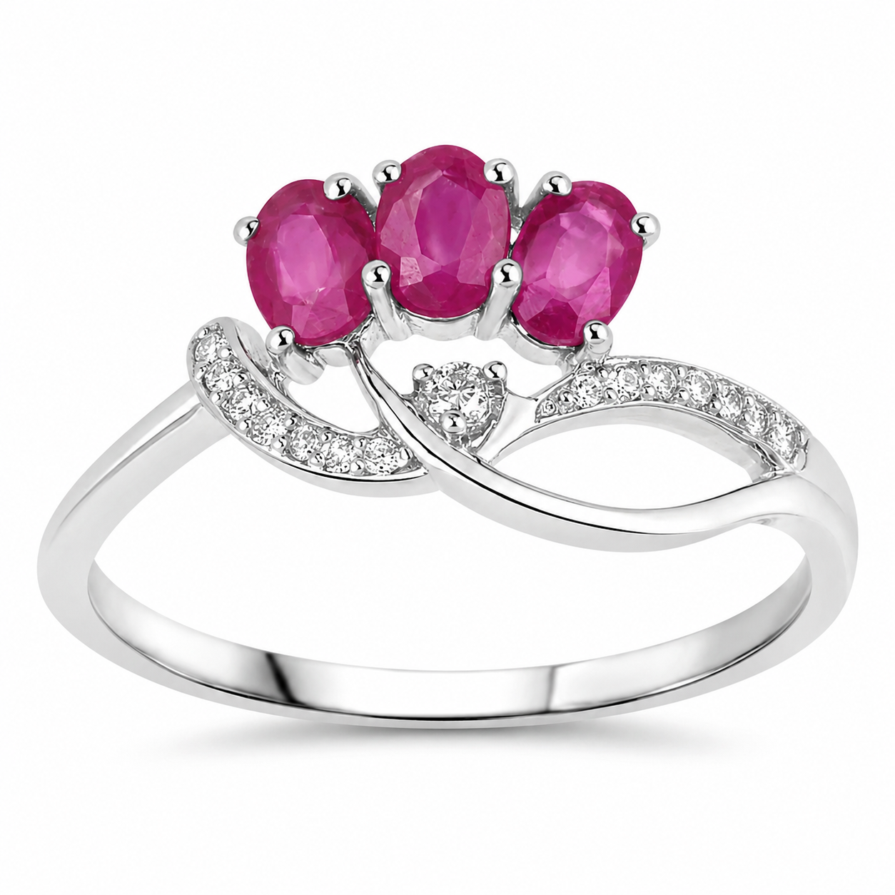 0.72 Ct Oval Shaped Pink Ruby and White Diamond Prong 14K White Gold Three Stone Knot Ring