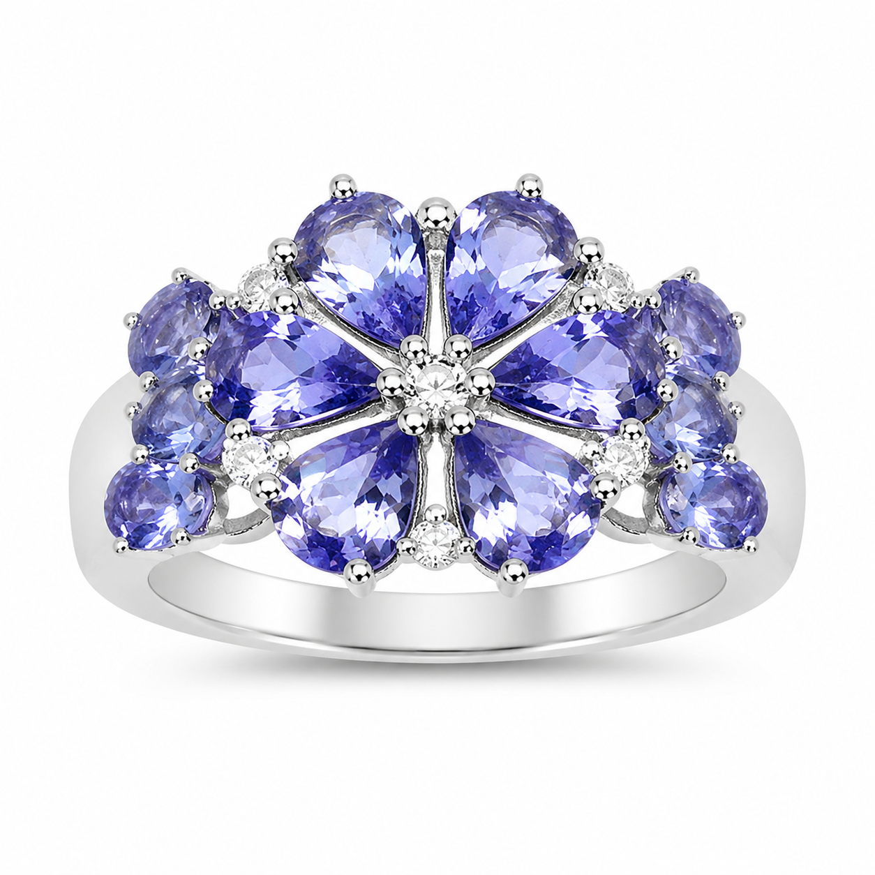 3.36 Ct Pear and Oval Violet Tanzanite and White Topaz Prong Silver Floral Ring