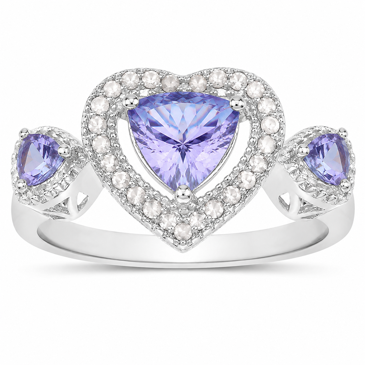 0.95 Ct Heart Violet Tanzanite & Diamond Prong Silver Halo Three Stone Ring