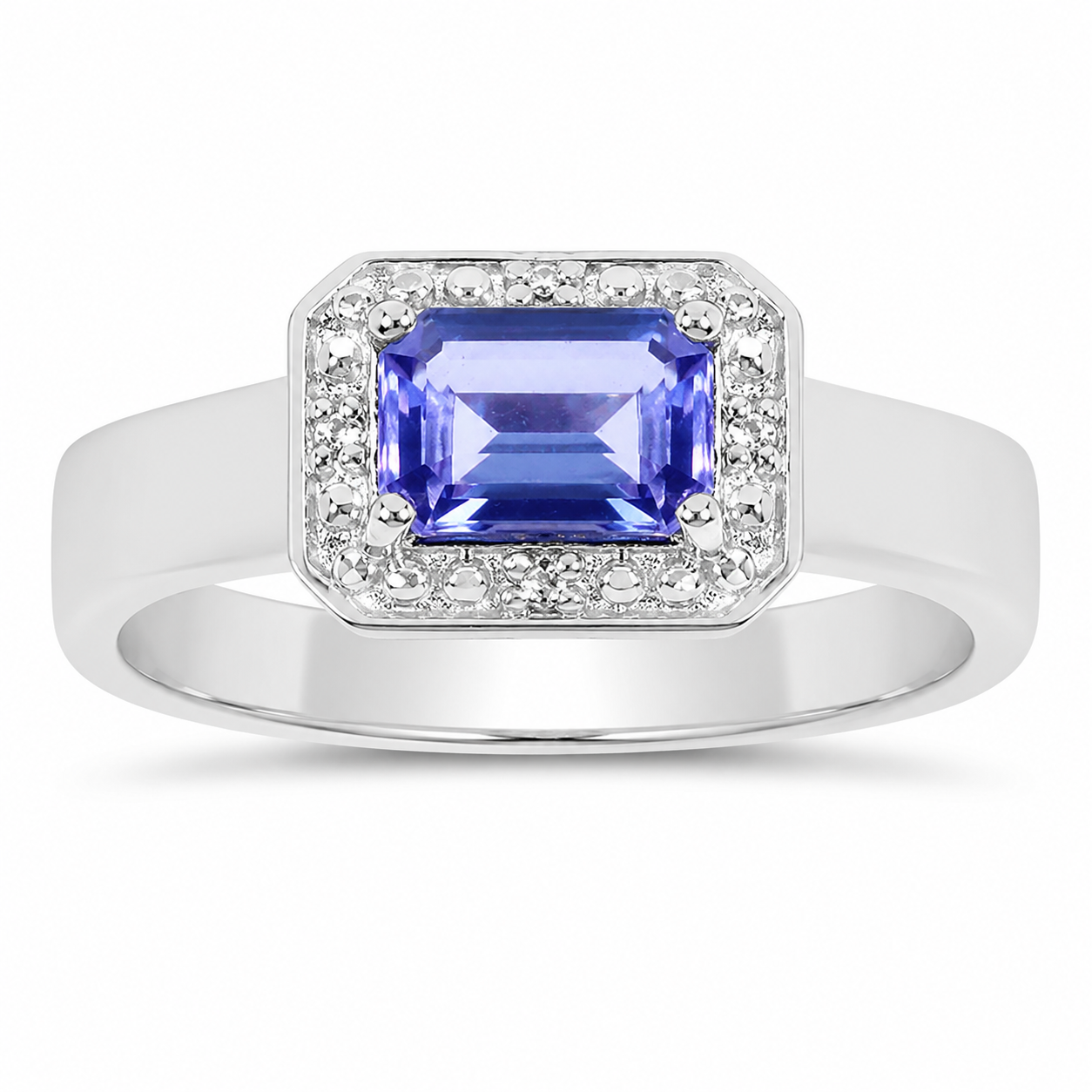 1.12 Ct Octagon Violet Tanzanite & White Topaz Prong Silver Halo Statement Ring