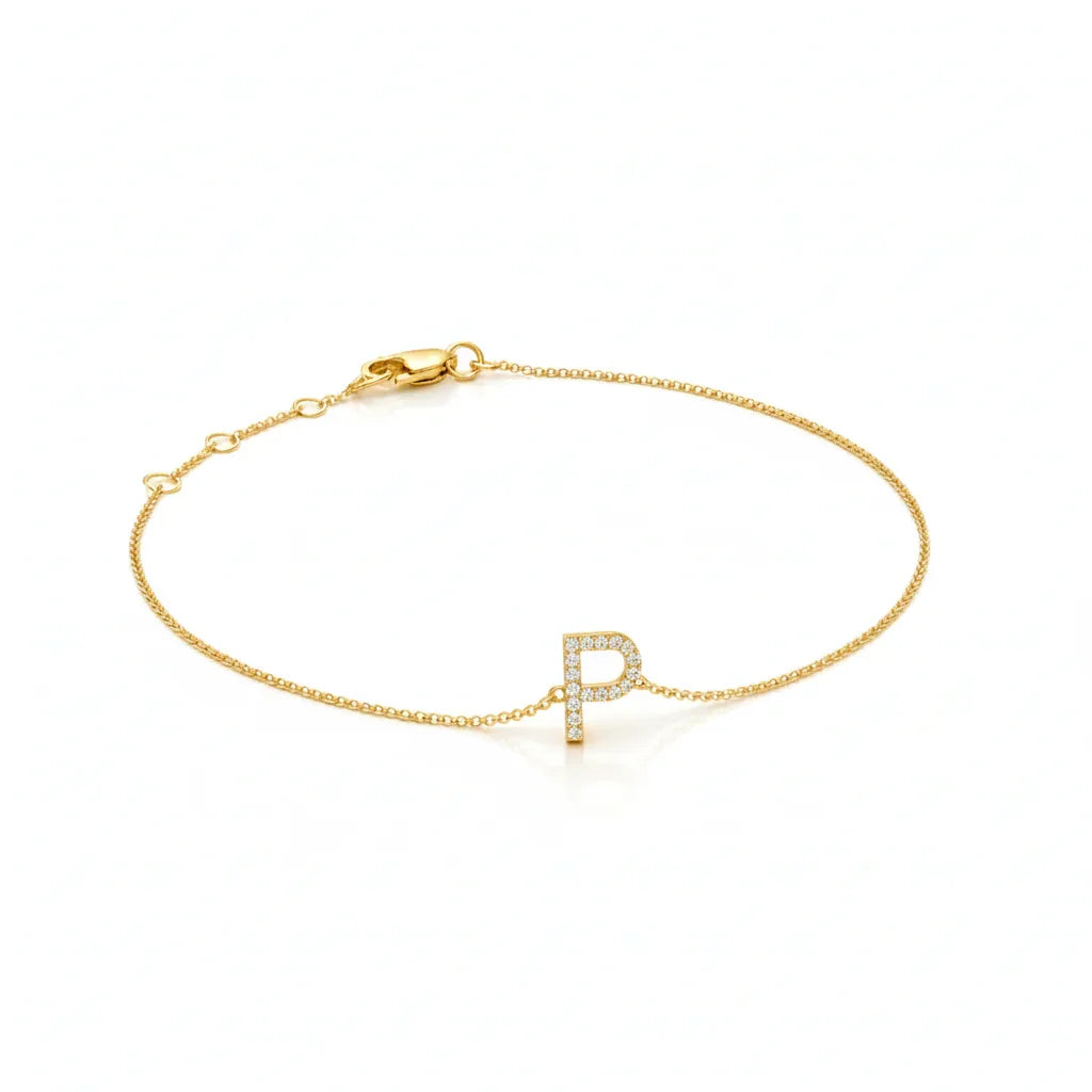 Mini Block Initial Diamond Bracelet Gold
