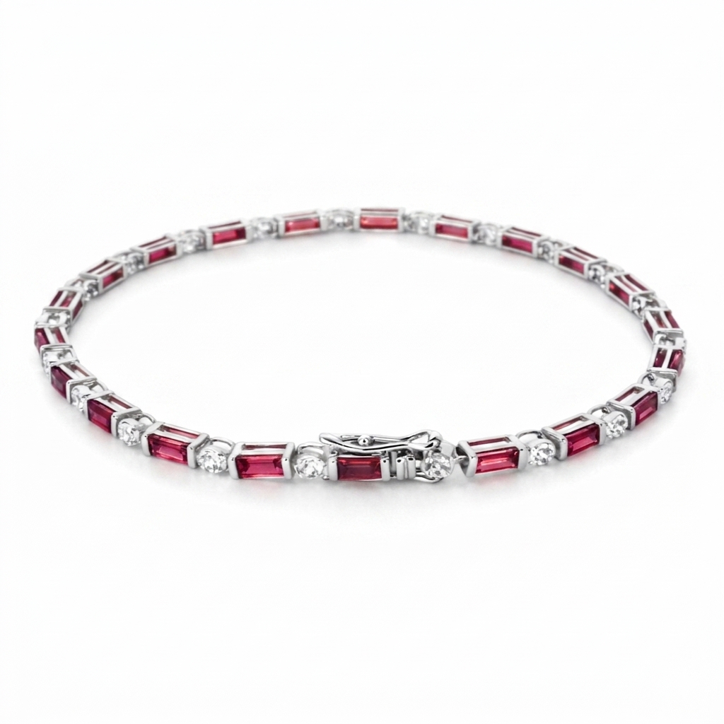 Natural Round Rhodolite Silver Bracelet 7.5 inch