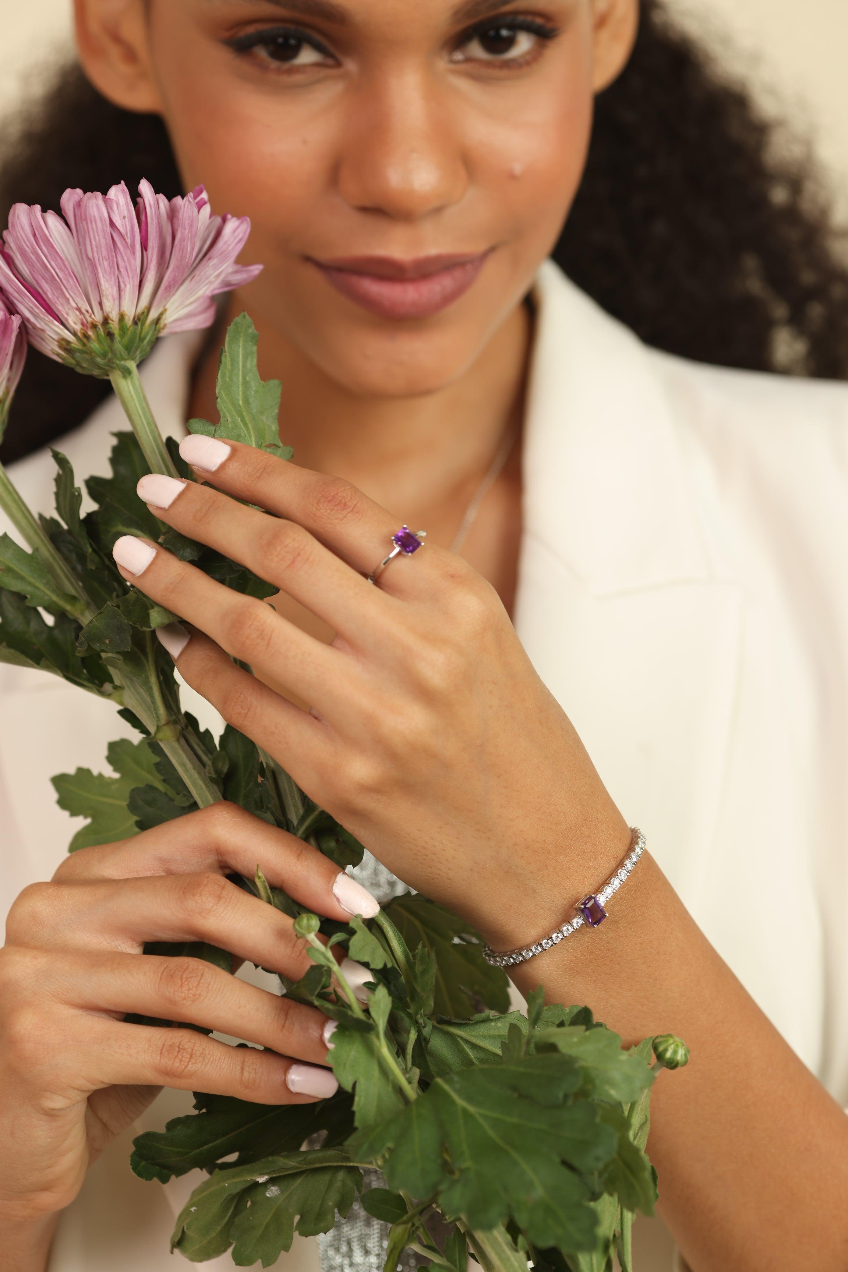 Amethyst Emerald Cut Solitaire RingPurple Solitaire Ring - FineColorJewels