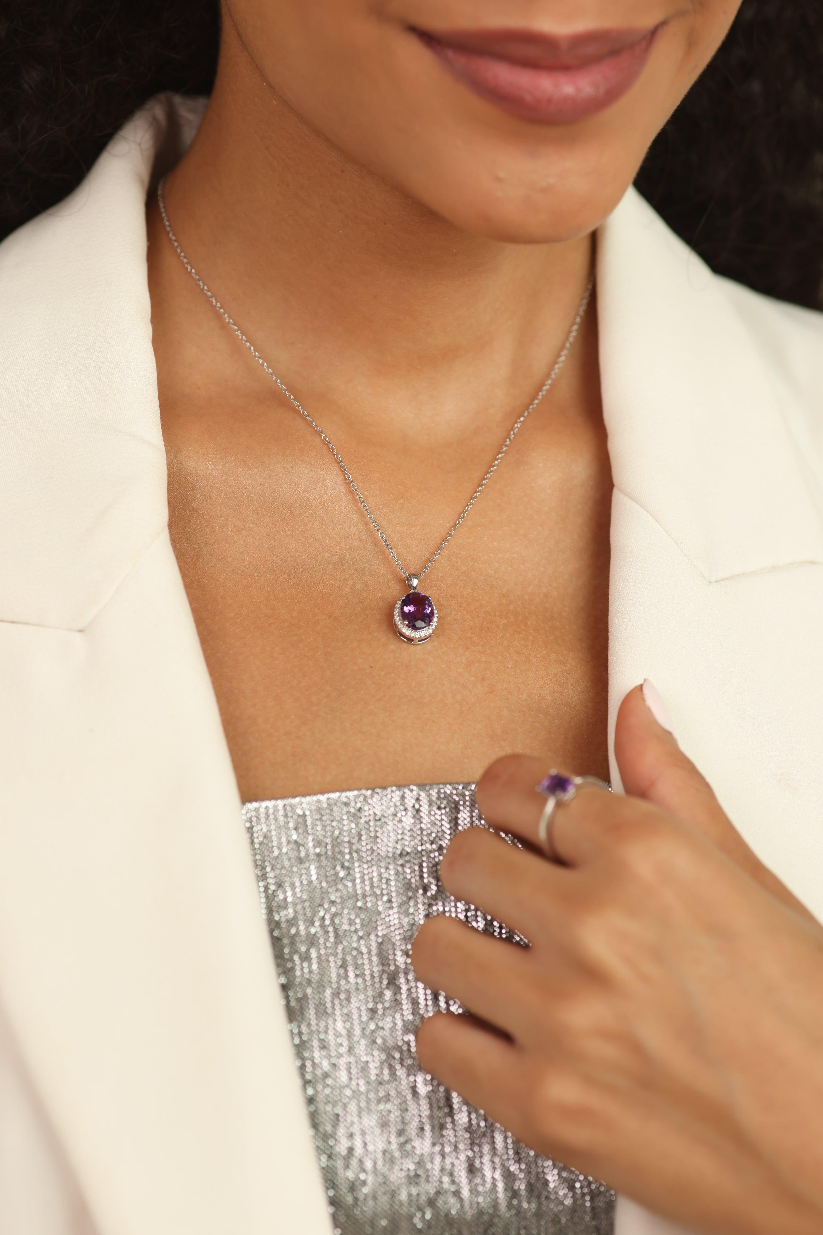 model showcasingPurple Amethyst Pendant Necklace February Birthstone Purple Silver Chain Necklace Valentines Gift - FineColorJewels