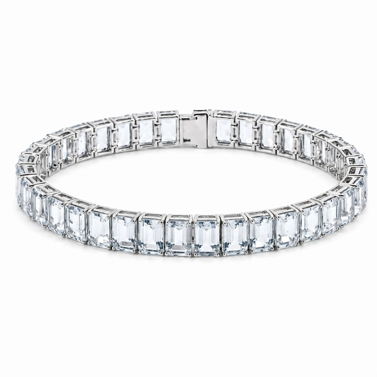 30.74 Cttw Emerald Cut Blue Aquamarine Prong Silver Inline Box Clasp Tennis Bracelet