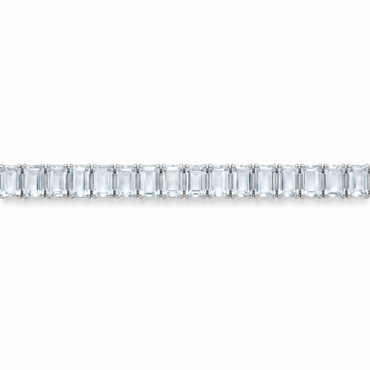 30.74 Cttw Emerald Cut Blue Aquamarine Prong Silver Inline Box Clasp Tennis Bracelet