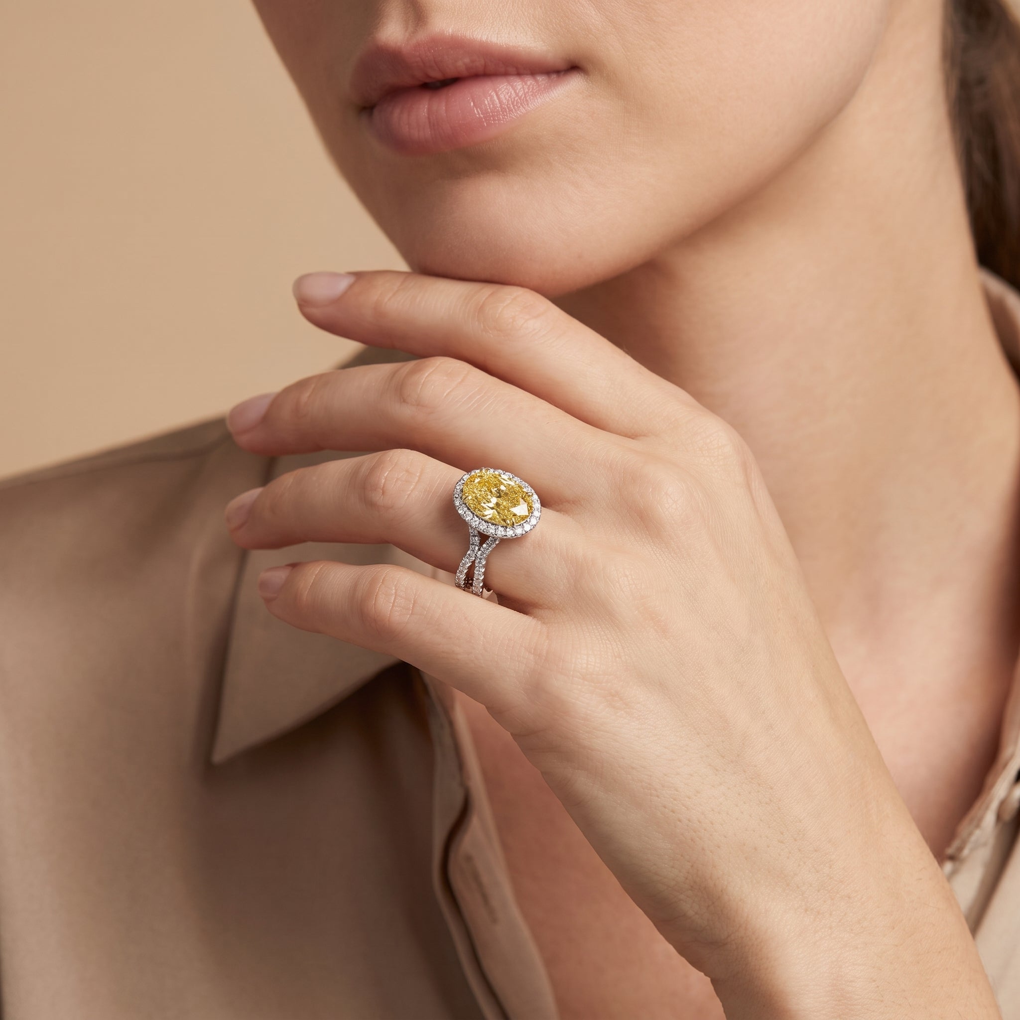 4Cttw Oval Shaped Yellow Lab Grown Diamond (F/VS) Split Shank Halo Engagement Ring 14K Gold