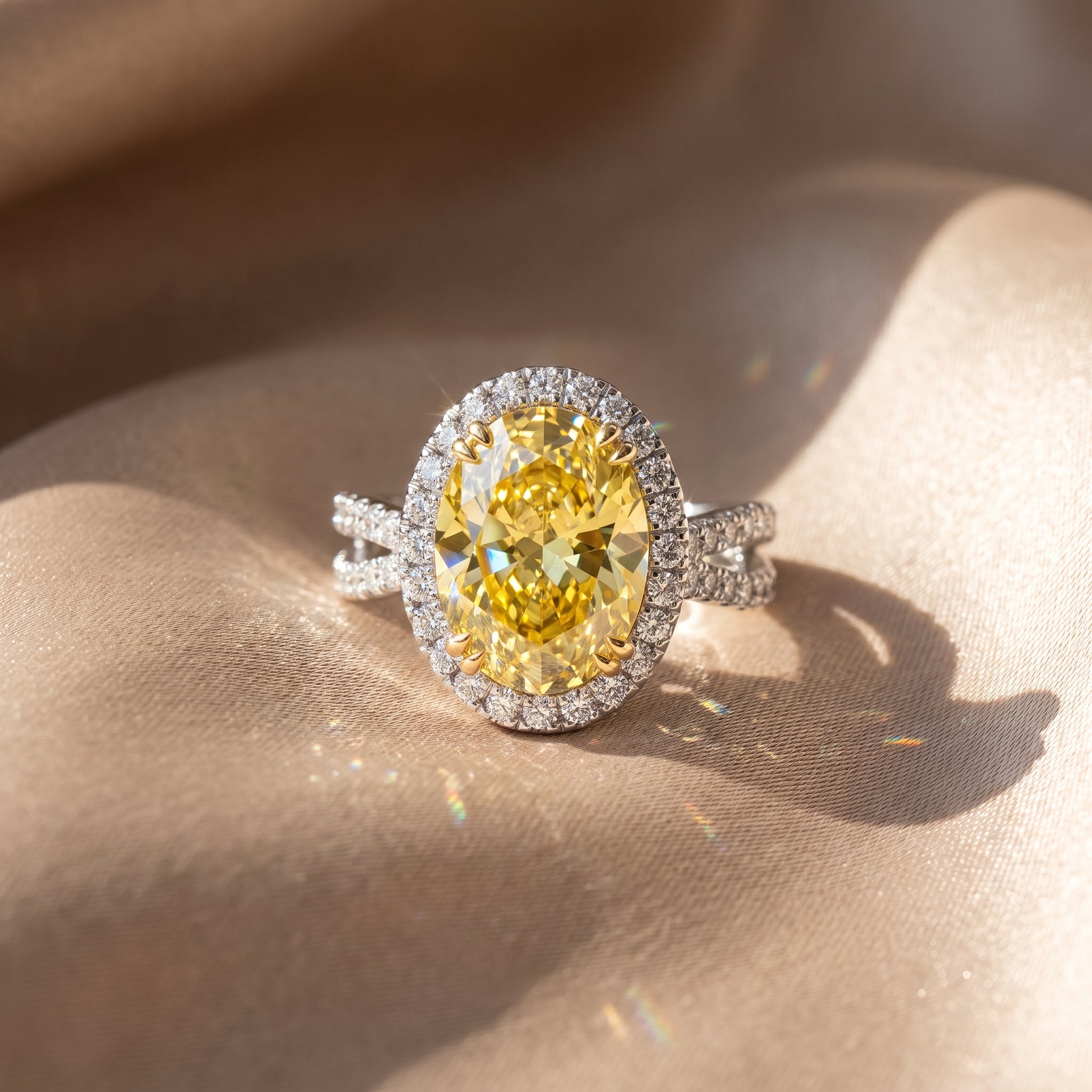 4Cttw Oval Shaped Yellow Lab Grown Diamond (F/VS) Split Shank Halo Engagement Ring 14K Gold