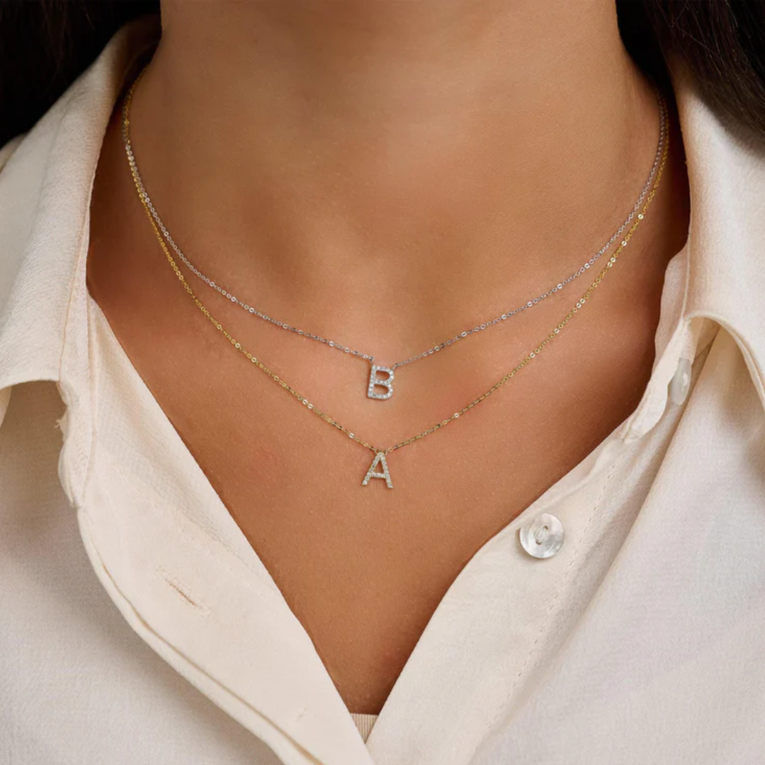 10K Gold Bold Diamond Letter Initial Pendant Necklace