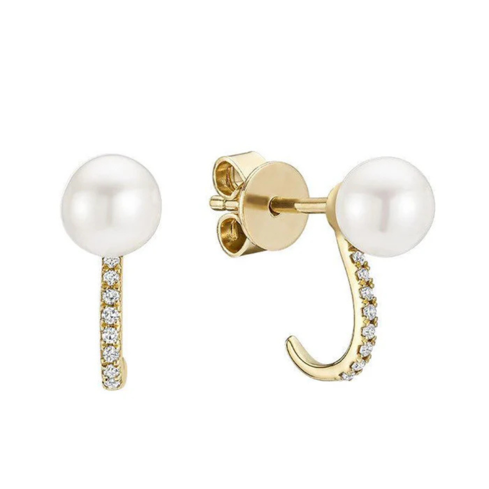 Cultured Pearl and Natural Diamond Ear Wrap 10k Gold Stud Earrings
