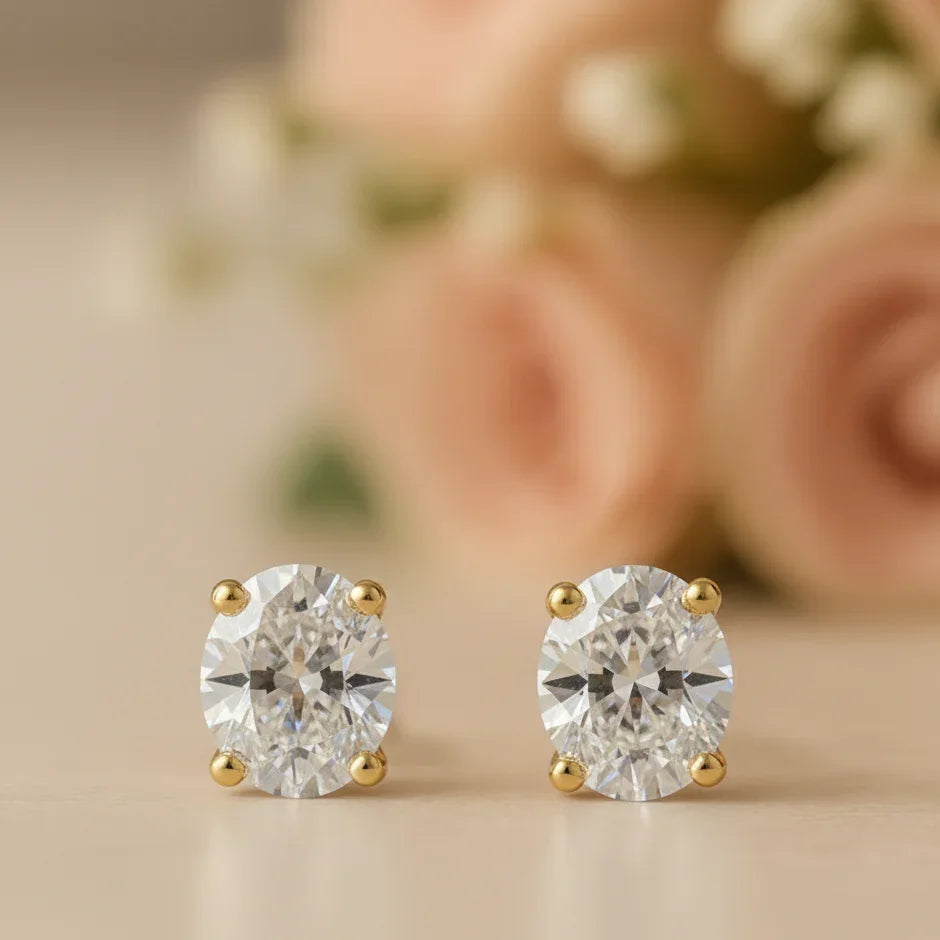IGI Certified Oval Lab Grown Diamond Solitaire Stud Earrings Yellow Gold - Fine Diamond