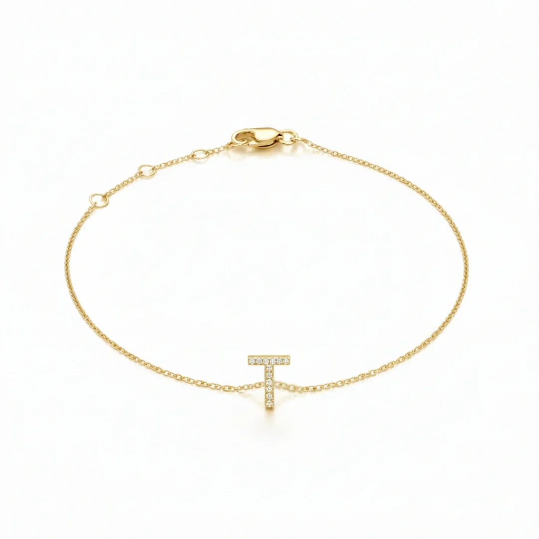 Mini Block Initial Diamond Bracelet Gold
