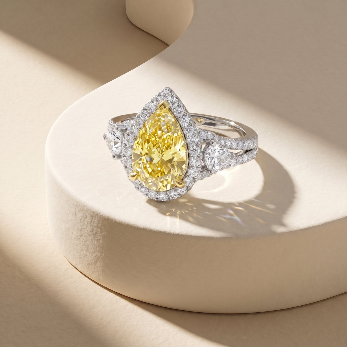 3Cttw Pear Shaped Yellow Lab Grown Diamond (F/VS) Three Stone Bold Accented Engagement Ring in 14K Gold