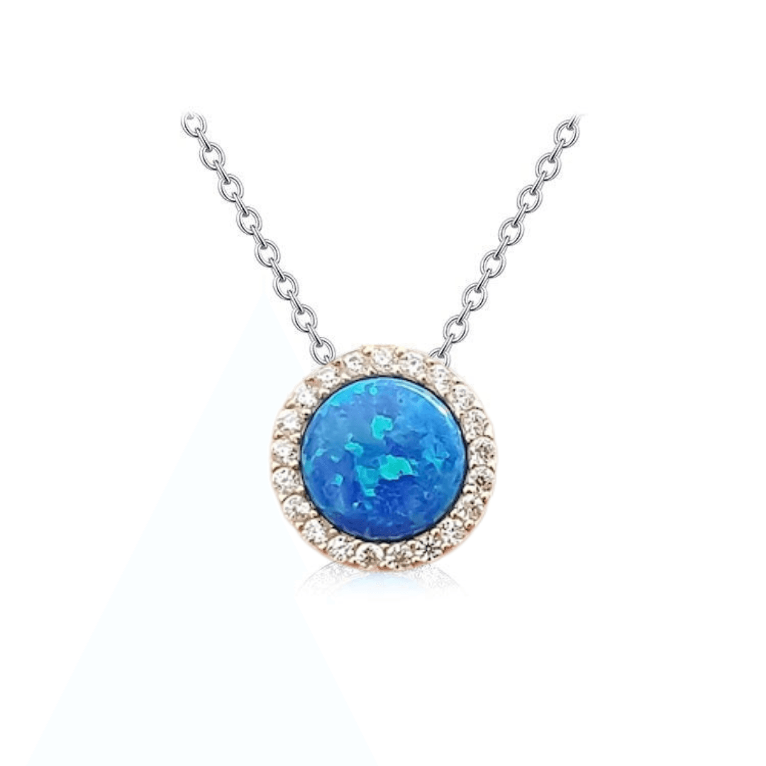 Blue Opal Round Halo Necklace FineColorJewels best gift for girls, best gift for women, blue opal necklace, Christmas gift, dla-dm-discount-all-143240, dla-dm-discount-all-154898, New Year gift, October birthday gift, opal charm necklace, opal jewelry, opal necklace, opal pendant, opal pendant with cz diamonds, sterling silver chain, Valentine's Day gift