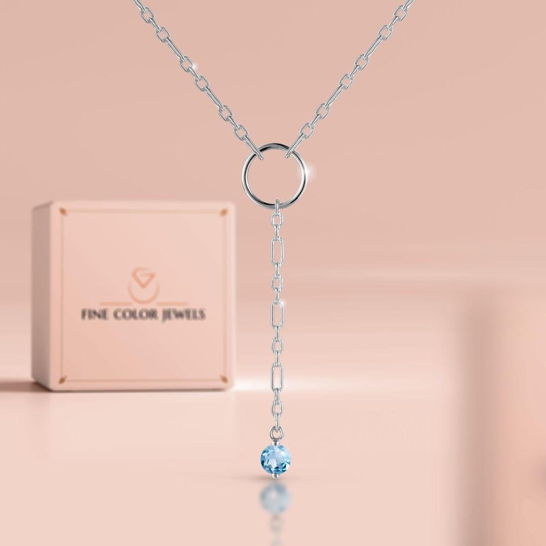 Natural Blue Topaz Y Pendant Necklace Dainty Chain Necklace Rhodium Plated Silver Necklace Bridesmaid Gift Minimalist Jewelry