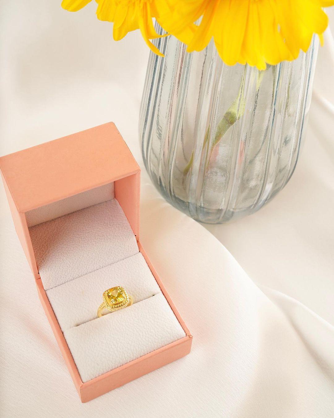 Yellow Cushion Cut Ring 18K Yellow Gold Plated Sterling Silver Ring Gift For Women Yellow Diamond Ring in peach box - FineColorJewels