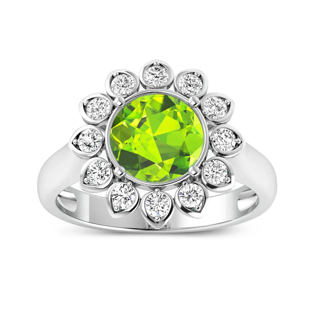 Genuine Peridot and White Diamond Halo Ring