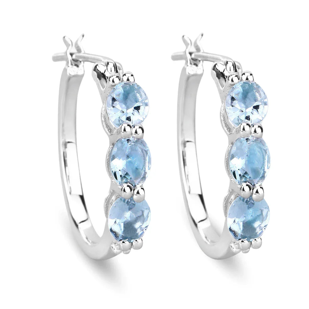 Genuine Blue Aquamarine and Diamond Hoop Earrings