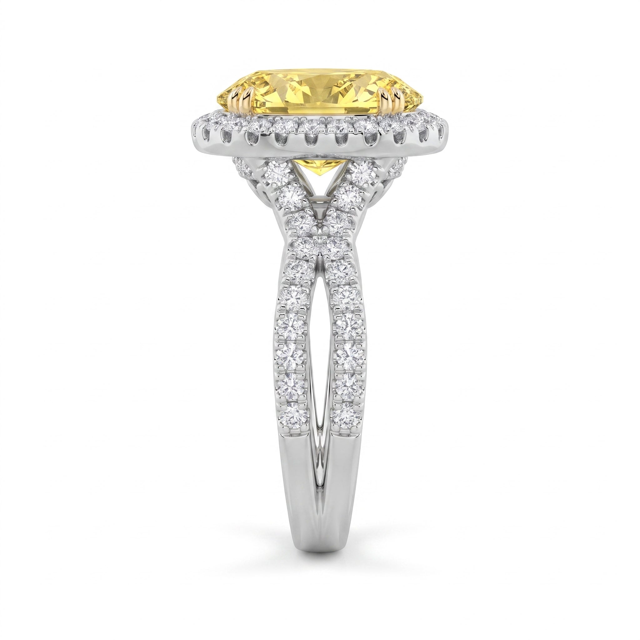 4Cttw Oval Shaped Yellow Lab Grown Diamond (F/VS) Split Shank Halo Engagement Ring 14K Gold