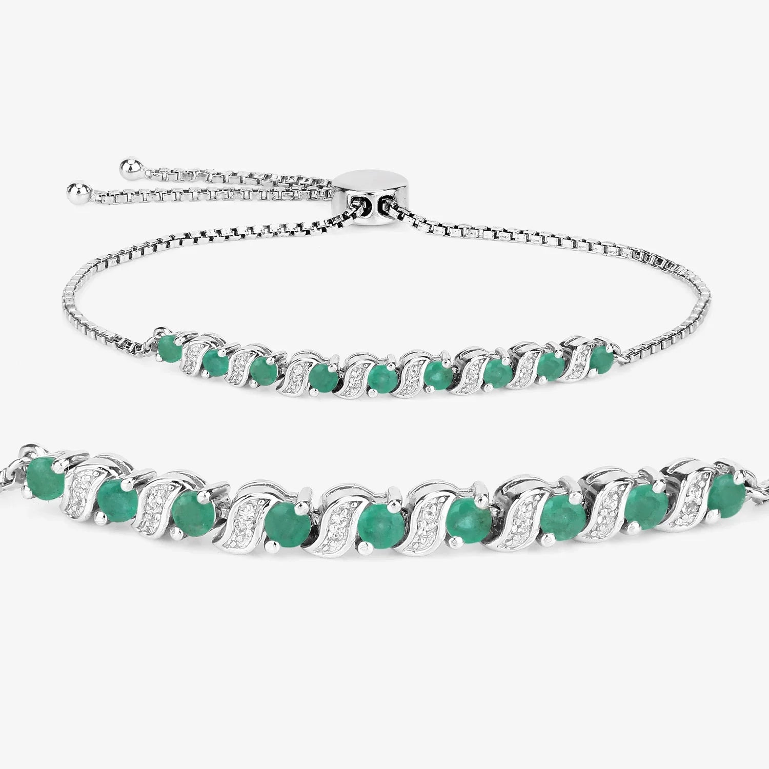 Genuine Emerald and White Topaz Bolo Bracelet