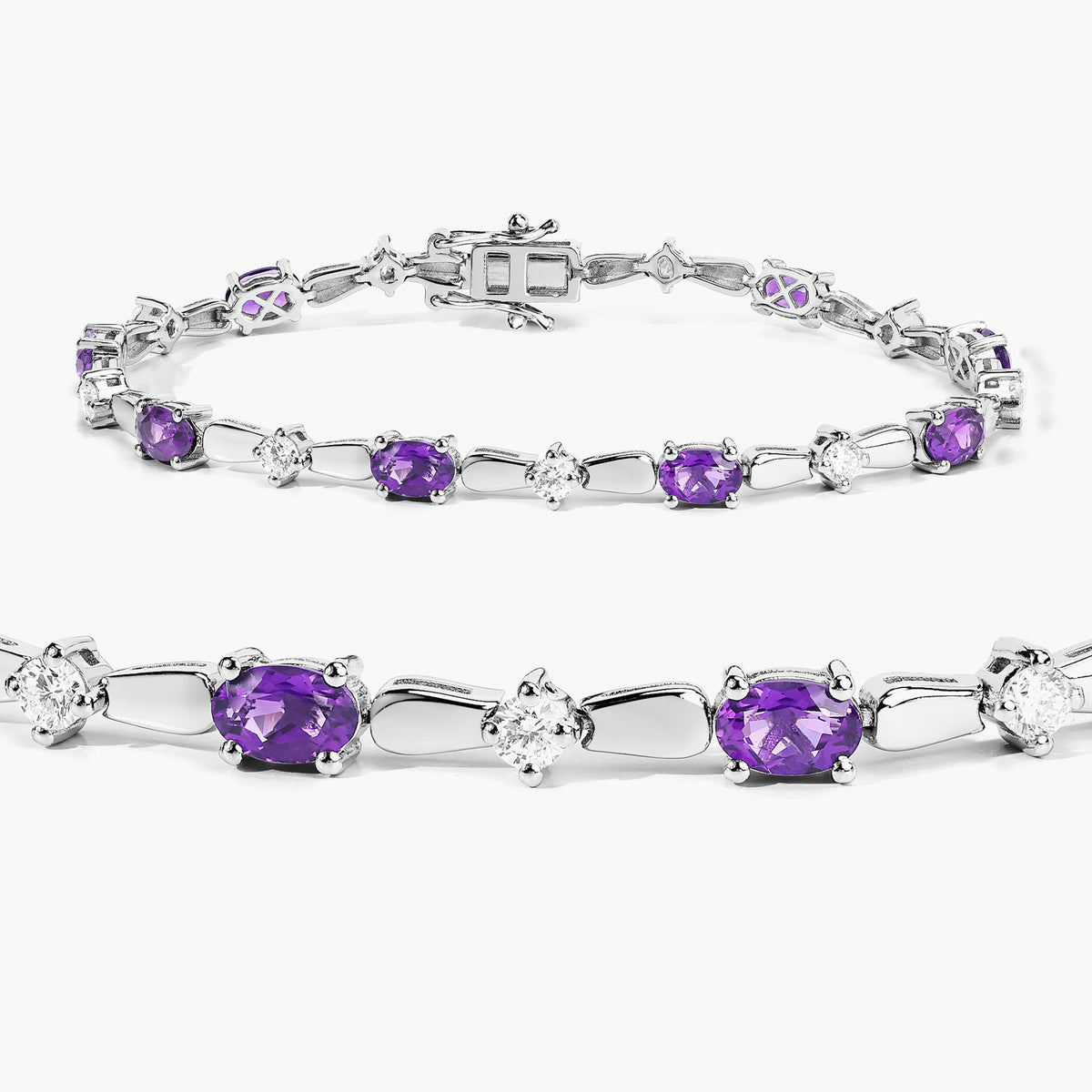 4.42 Cttw Oval Purple Amethyst and Lab Grown Diamond Rhodium over Silver Tennis Bracelet