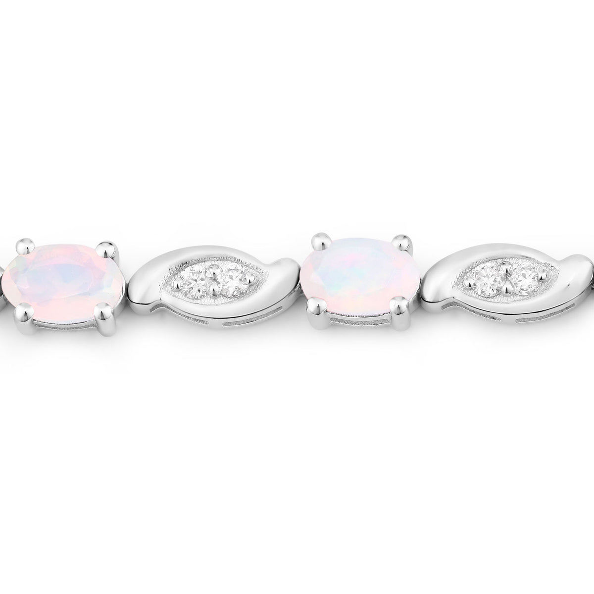 3.41 Cttw Oval White Ethiopian Opal and Lab Grown Diamond Rhodium over Silver Tennis Bracelet