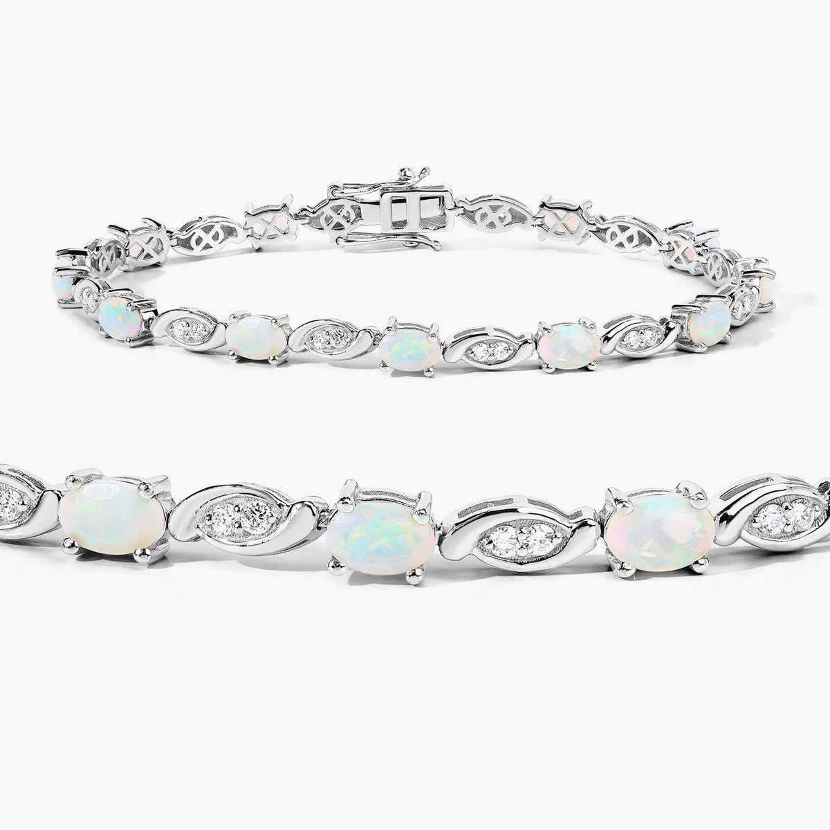 3.41 Cttw Oval White Ethiopian Opal and Lab Grown Diamond Rhodium over Silver Tennis Bracelet