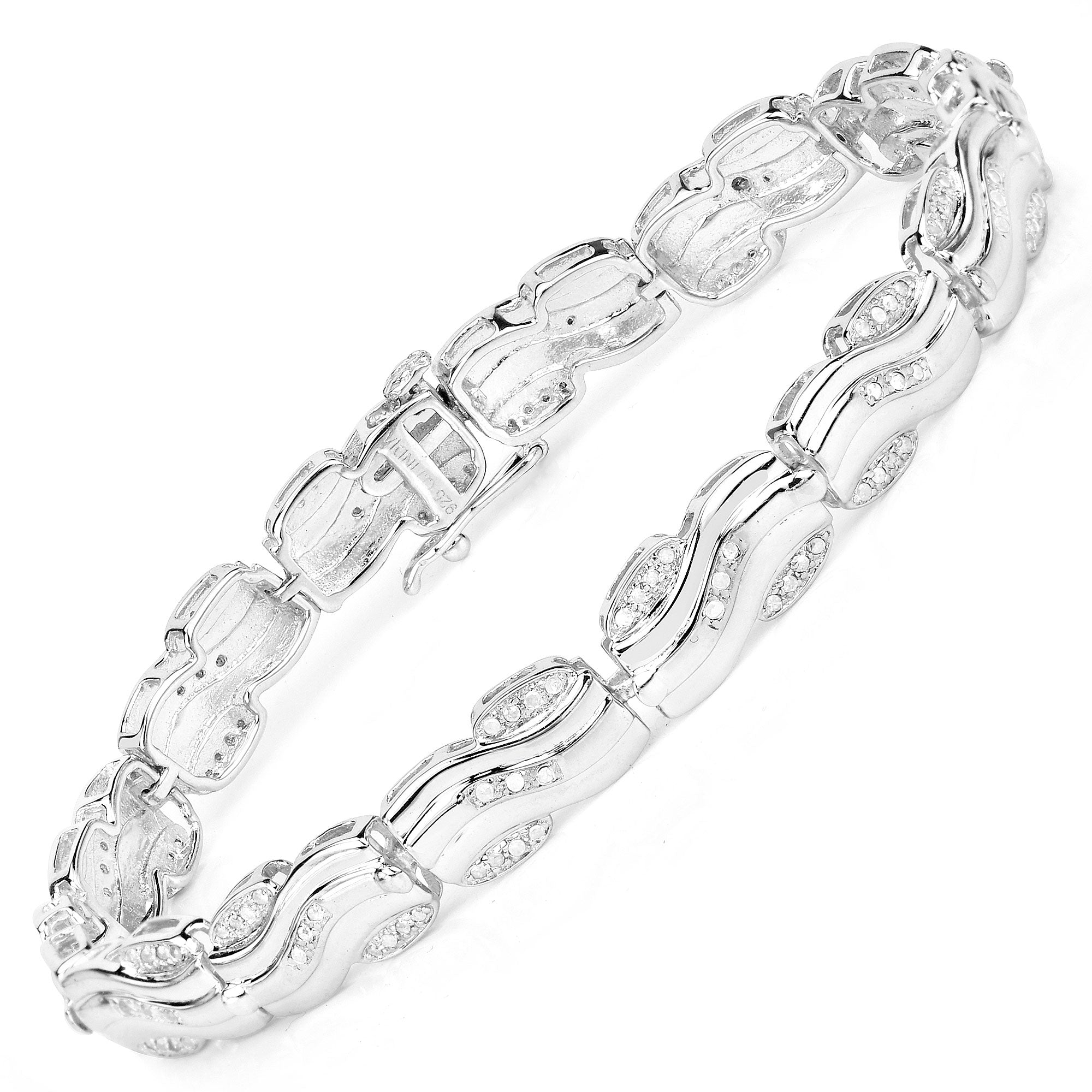 0.84 Cttw Round Diamond 14K White Gold Plated Silver Wave Link Bracelet