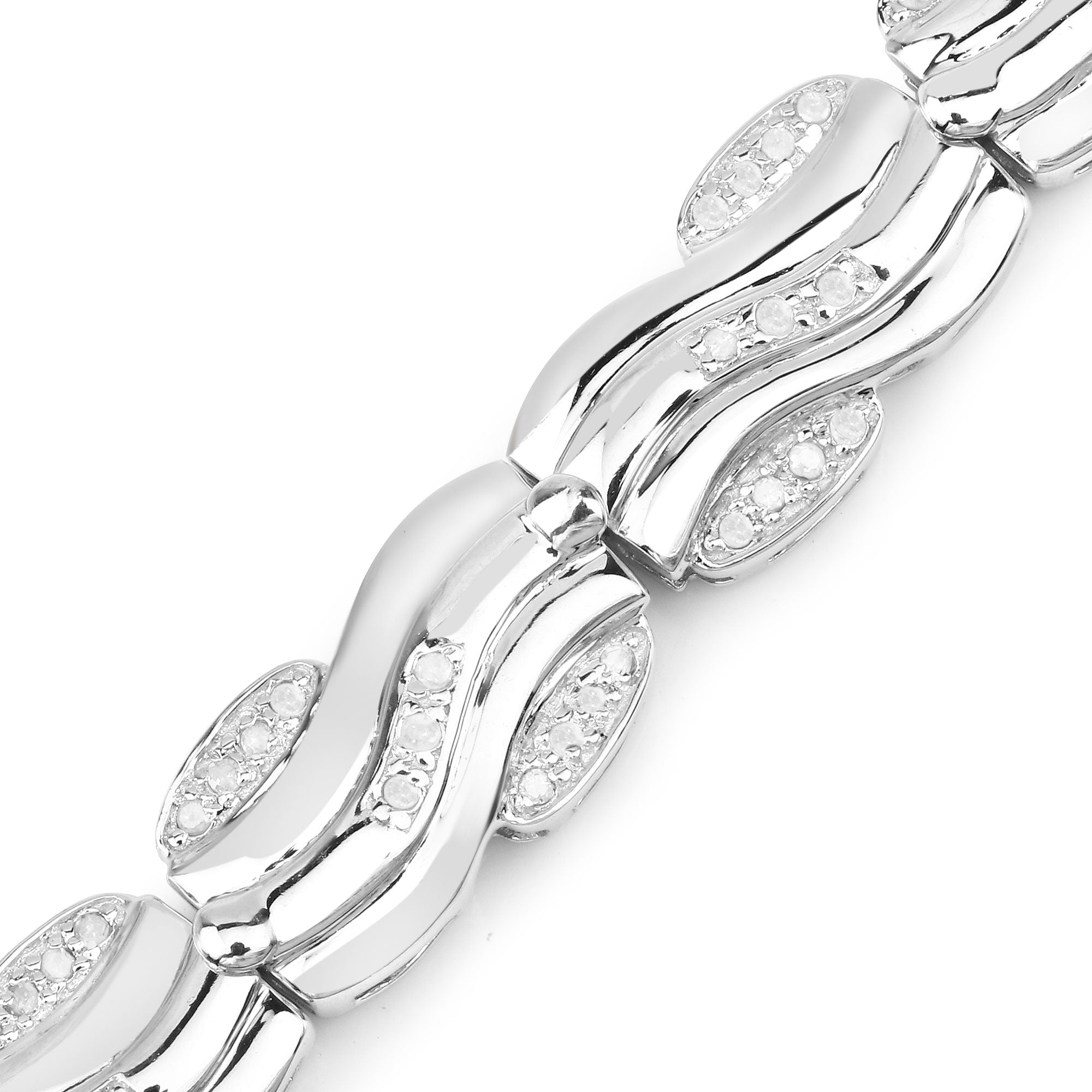 0.84 Cttw Round Diamond 14K White Gold Plated Silver Wave Link Bracelet