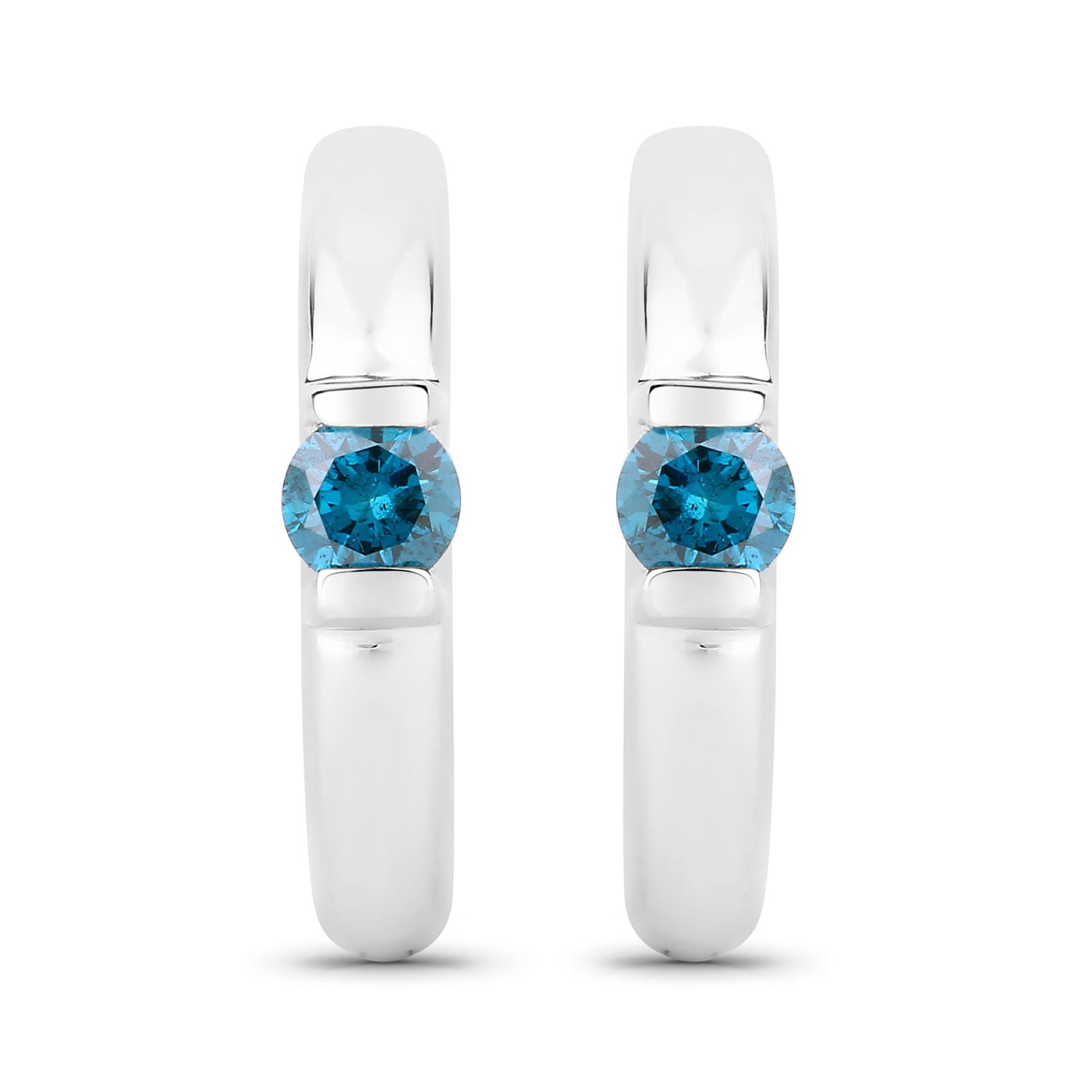 0.35 Cttw Round Teal Blue Diamond Channel Rhodium Plated Silver Huggie Hoop Earrings