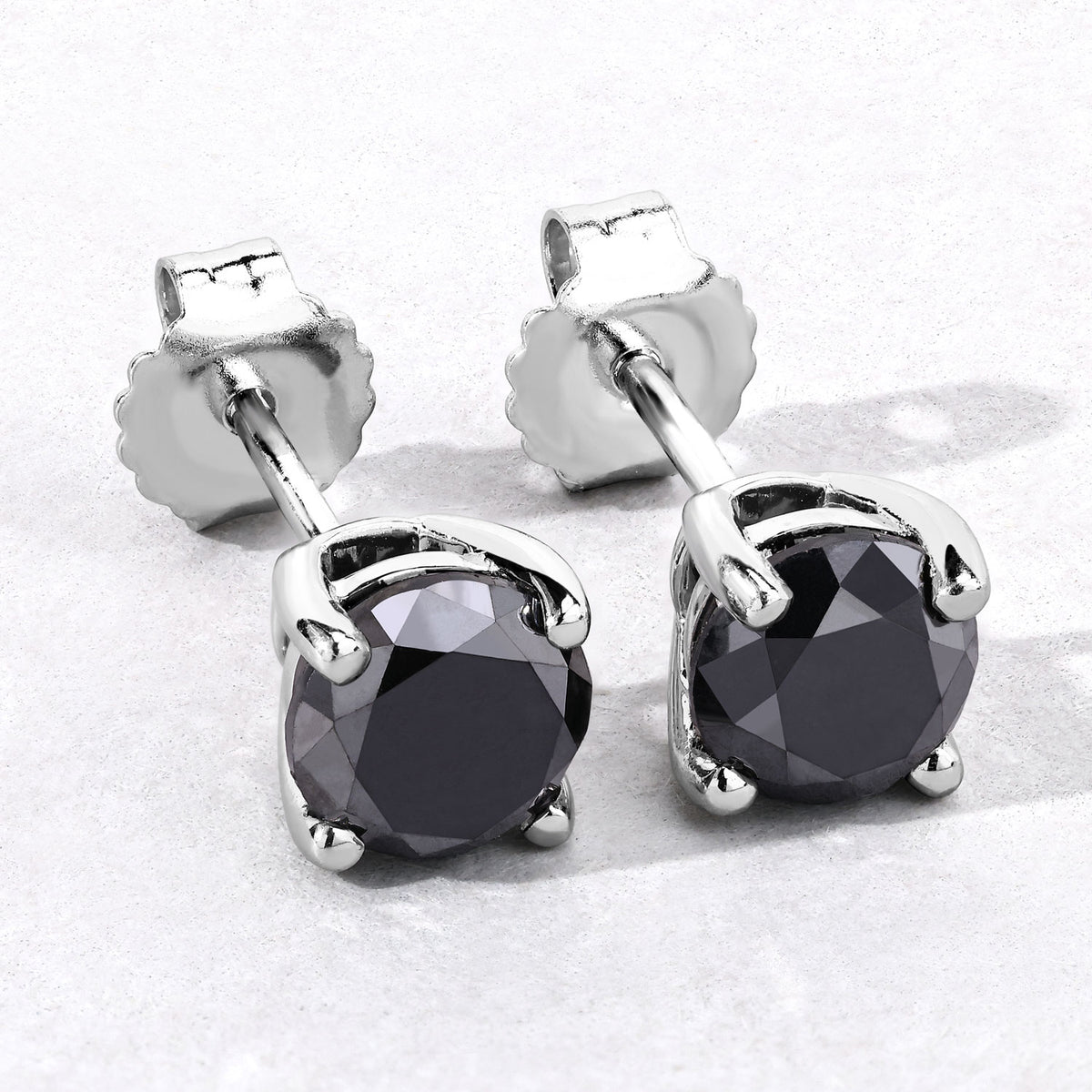 2.97 Cttw Round Black Diamond 925 Sterling Silver Solitaire Stud Earrings
