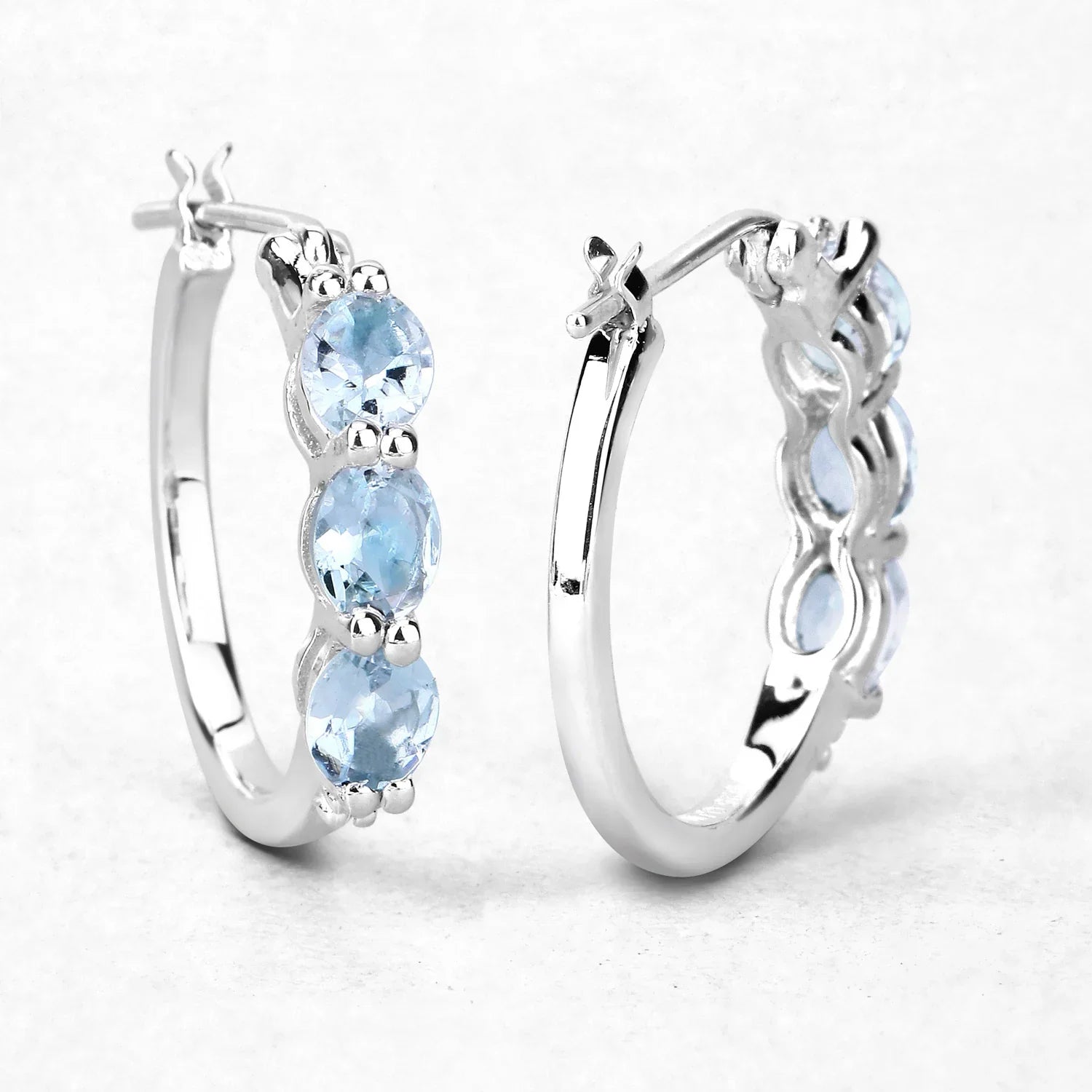 Genuine Blue Aquamarine and Diamond Hoop Earrings