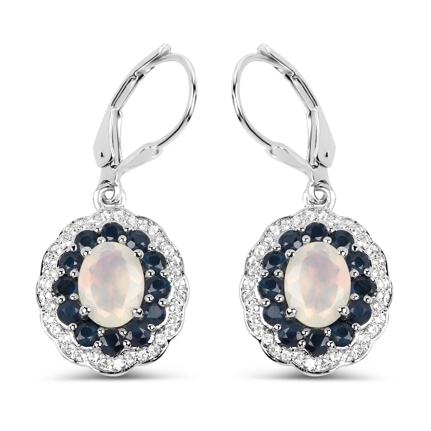 Genuine Silver Ethiopian Opal and Sapphire Dangle Earrings