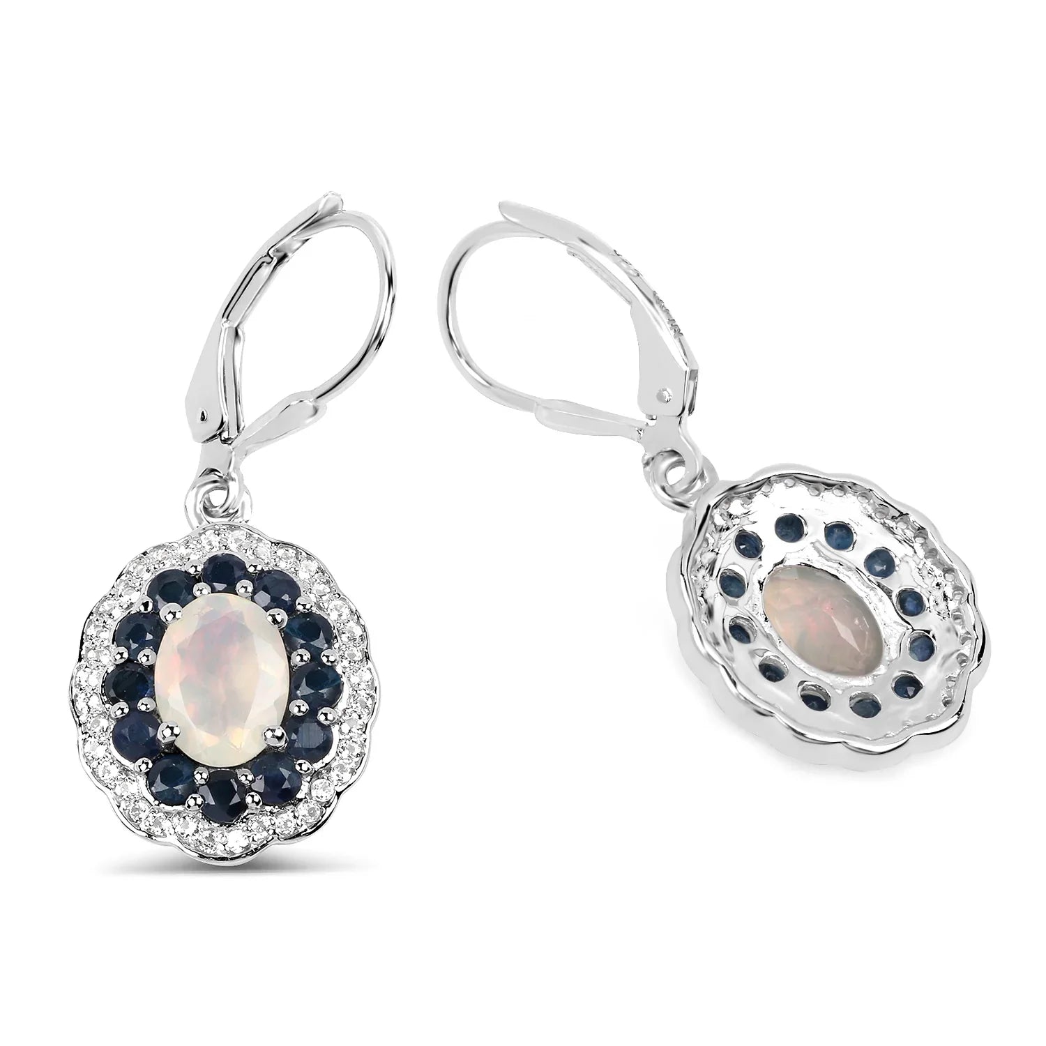 Genuine Silver Ethiopian Opal and Sapphire Dangle Earrings