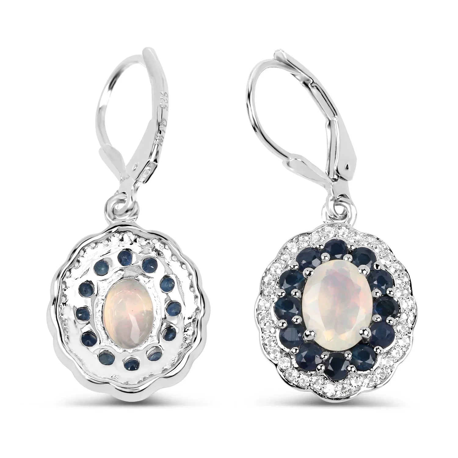Genuine Silver Ethiopian Opal and Sapphire Dangle Earrings