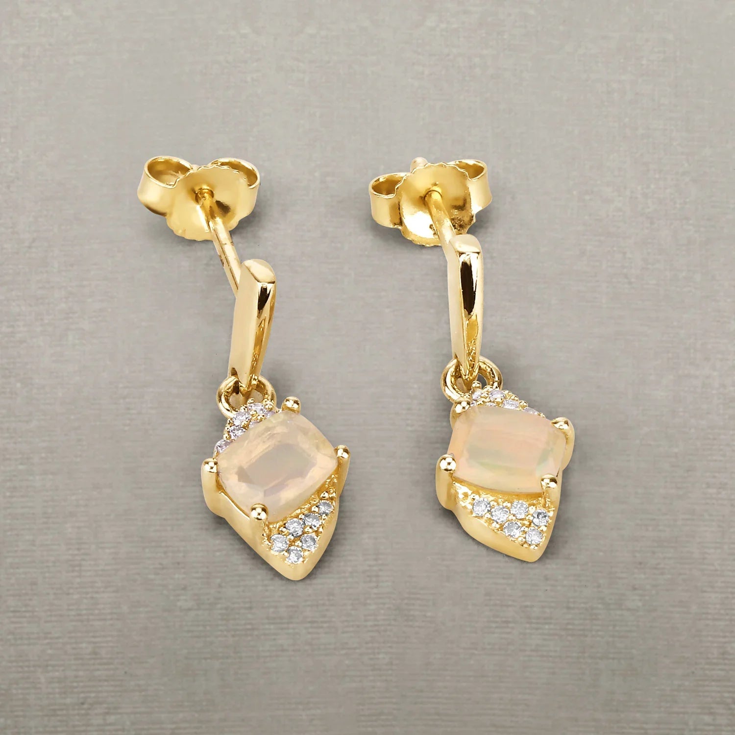 Genuine 14k Gold Opal Diamond Dangle Earrings