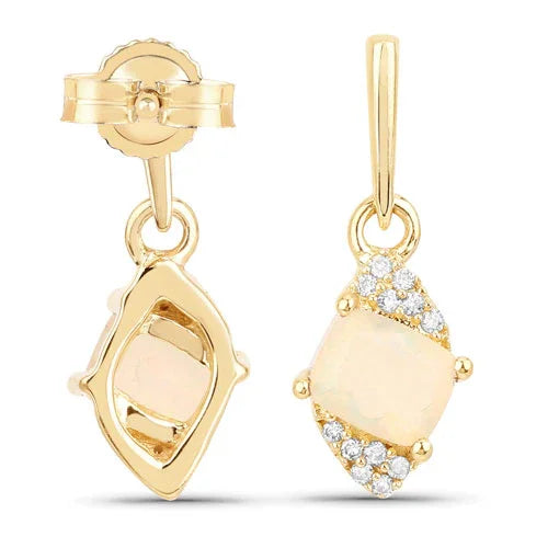 Genuine 14k Gold Opal Diamond Dangle Earrings