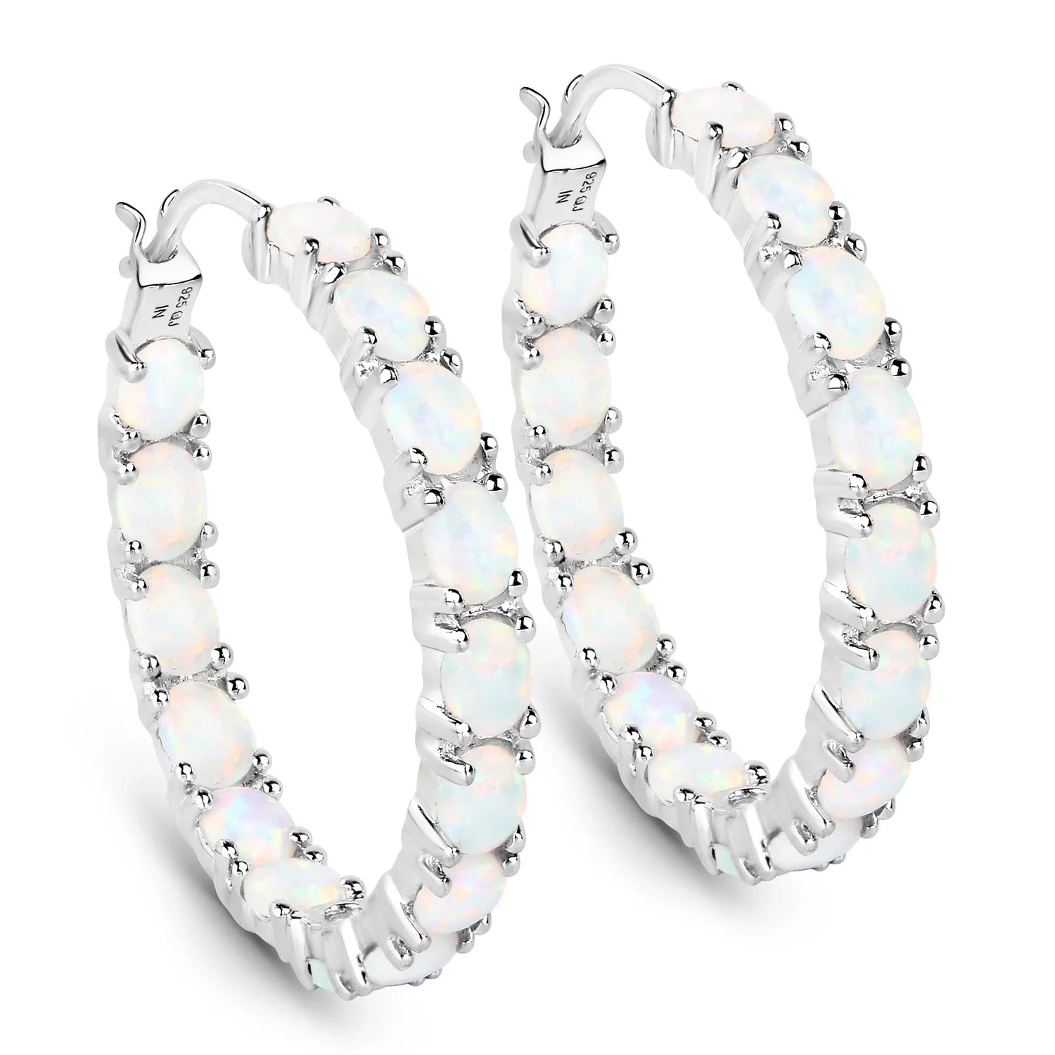 Genuine Sterling Silver Tennis Opal Hoops Earrings