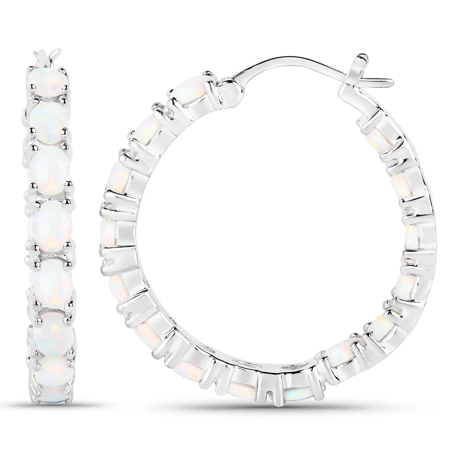 Genuine Sterling Silver Tennis Opal Hoops Earrings