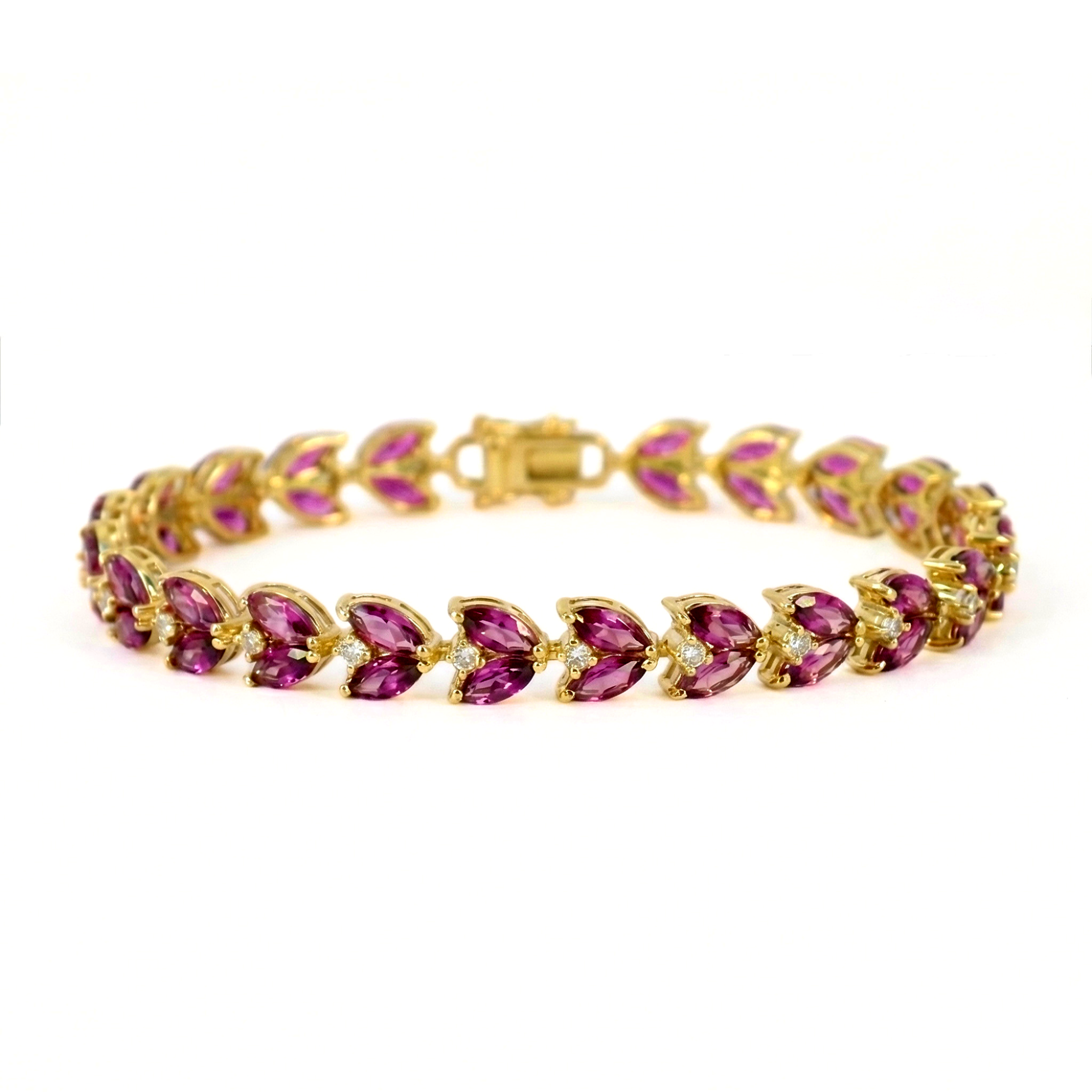 Natural Rhodolite Garnet Yellow Gold Over Silver Leaf Bracelet 7 inches