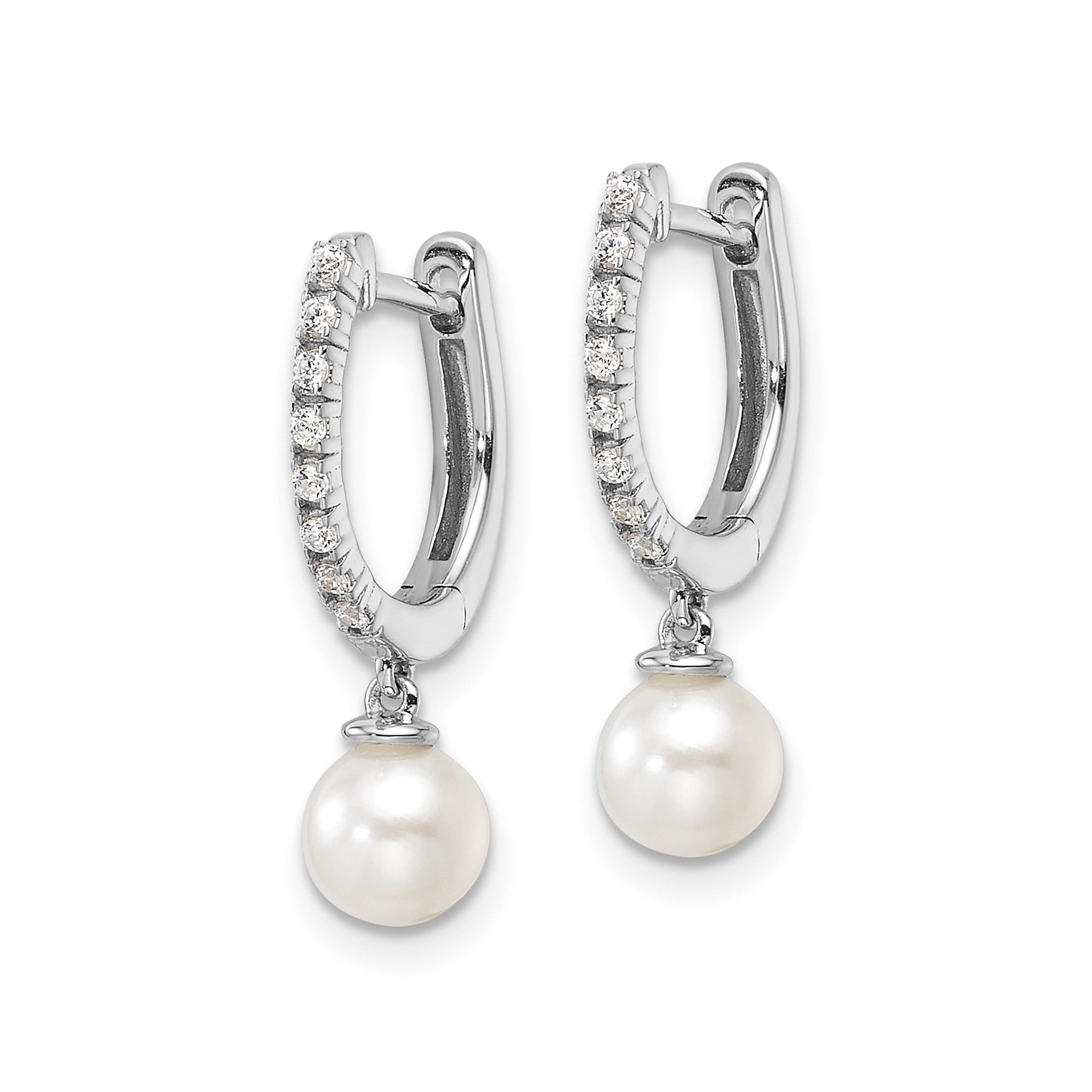 1/10 ct Lab Diamond and Cultured Pearl Hinged Hoop Earrings 14k White Gold
